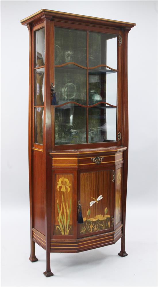 An Arts & Crafts marquetry inlaid mahogany display cabinet, W.2ft 7in. D.1ft 6in. H.6ft